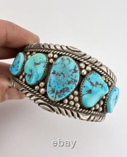 Vtg Navajo Sterling Silver Sleeping Beauty Turquoise Stamped Cuff Bracelet 66.2g