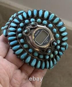 Vtg Navajo Turquoise Petit Point Cluster Sterling Watch Bracelet 97g- 61/2