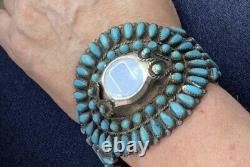 Vtg Navajo Turquoise Petit Point Cluster Sterling Watch Bracelet 97g- 61/2