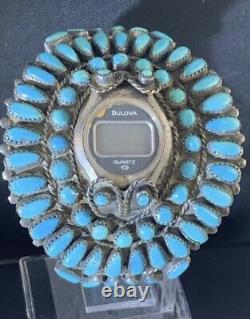 Vtg Navajo Turquoise Petit Point Cluster Sterling Watch Bracelet 97g- 61/2