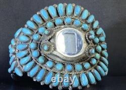 Vtg Navajo Turquoise Petit Point Cluster Sterling Watch Bracelet 97g- 61/2