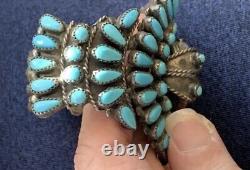 Vtg Navajo Turquoise Petit Point Cluster Sterling Watch Bracelet 97g- 61/2