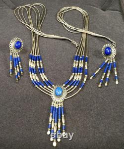 Vtg Necklace & Earring Set Lapis Lazuli Liquid Silver Native American 925 20