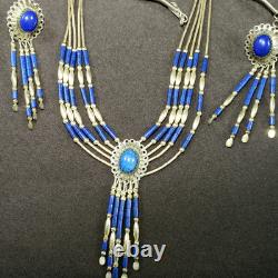 Vtg Necklace & Earring Set Lapis Lazuli Liquid Silver Native American 925 20