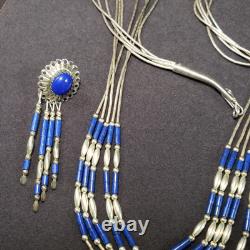 Vtg Necklace & Earring Set Lapis Lazuli Liquid Silver Native American 925 20