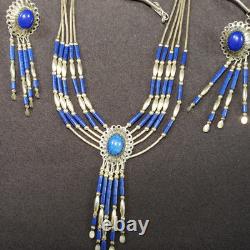 Vtg Necklace & Earring Set Lapis Lazuli Liquid Silver Native American 925 20