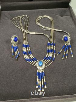 Vtg Necklace & Earring Set Lapis Lazuli Liquid Silver Native American 925 20