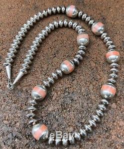 Vtg Old PAWN Navajo Sterling Silver & Coral Inlay Pearl Bench Bead Necklace 22