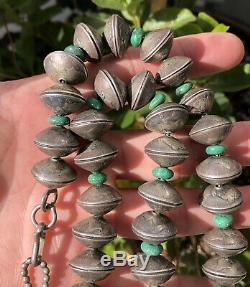 Vtg Old Pawn Navajo MERCURY DIME COIN BEAD Sterling Silver Turquoise NECKLACE