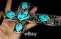 Vtg Old Pawn Navajo T Singer 7 Natural Turquoise HUGE Cross Pendant Enhancer