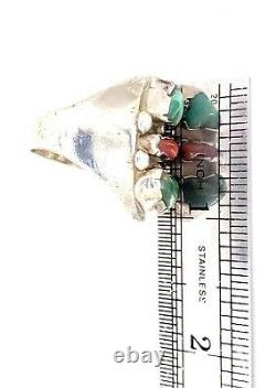 Vtg Old Pawn Sterling Turquoise Coral 3 Stone Cluster Ring Size 11 Chunky 26g