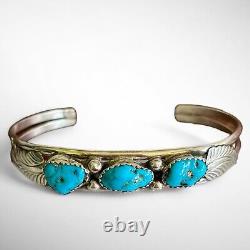 Vtg Old pawn Navajo 3 Stone Feather Turquoise Sterling Silver Cuff Bracelet 12g