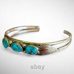 Vtg Old pawn Navajo 3 Stone Feather Turquoise Sterling Silver Cuff Bracelet 12g