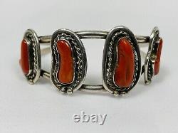 Vtg Old pawn Navajo Red Coral Sterling Silver Cuff Bracelet
