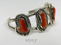 Vtg Old pawn Navajo Red Coral Sterling Silver Cuff Bracelet