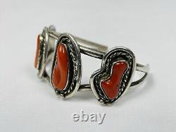 Vtg Old pawn Navajo Red Coral Sterling Silver Cuff Bracelet