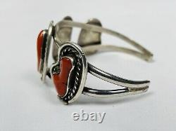 Vtg Old pawn Navajo Red Coral Sterling Silver Cuff Bracelet