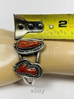Vtg Old pawn Navajo Red Coral Sterling Silver Cuff Bracelet