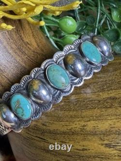Vtg Pawn Shop Navajo Indian Old Coin Silver & Turquoise Cuff Bracelet EUC