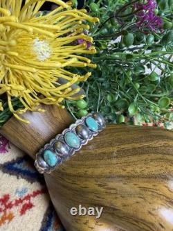 Vtg Pawn Shop Navajo Indian Old Coin Silver & Turquoise Cuff Bracelet EUC