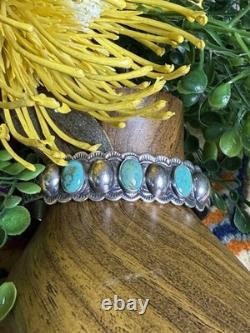 Vtg Pawn Shop Navajo Indian Old Coin Silver & Turquoise Cuff Bracelet EUC