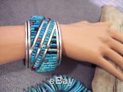 Vtg Pete Sierra Turquoise Coral Onyx Cobblestone Sterling S Cuff Bracelet 194.1G