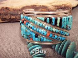 Vtg Pete Sierra Turquoise Coral Onyx Cobblestone Sterling S Cuff Bracelet 194.1G