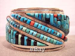 Vtg Pete Sierra Turquoise Coral Onyx Cobblestone Sterling S Cuff Bracelet 194.1G