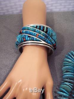 Vtg Pete Sierra Turquoise Coral Onyx Cobblestone Sterling S Cuff Bracelet 194.1G