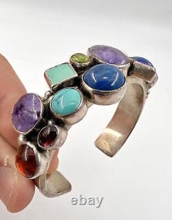 Vtg R. Chee Navajo Sterling Silver & Multi Gemstone Cuff Bracelet 72.5g