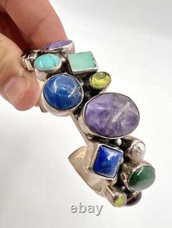 Vtg R. Chee Navajo Sterling Silver & Multi Gemstone Cuff Bracelet 72.5g