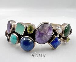 Vtg R. Chee Navajo Sterling Silver & Multi Gemstone Cuff Bracelet 72.5g