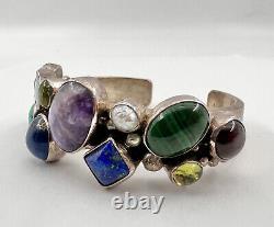 Vtg R. Chee Navajo Sterling Silver & Multi Gemstone Cuff Bracelet 72.5g