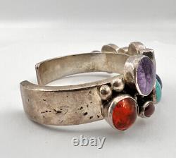 Vtg R. Chee Navajo Sterling Silver & Multi Gemstone Cuff Bracelet 72.5g