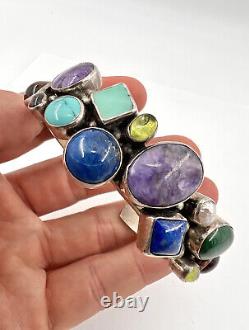 Vtg R. Chee Navajo Sterling Silver & Multi Gemstone Cuff Bracelet 72.5g