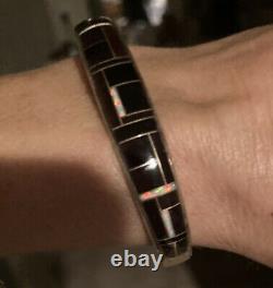 Vtg Richard Begay Navajo Cuff Unisex Inlaid Opal & Onyx Sterling Silver 18g