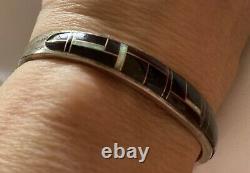 Vtg Richard Begay Navajo Cuff Unisex Inlaid Opal & Onyx Sterling Silver 18g