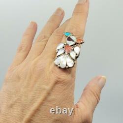 Vtg Ring Zuni Native American Thunderbird Signed HB MOP Coral Turquoise Jewelry