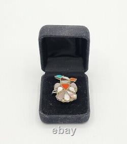 Vtg Ring Zuni Native American Thunderbird Signed HB MOP Coral Turquoise Jewelry