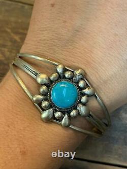 Vtg Running Bear Turquoise Cuff Bracelet Signed Navajo Sterling Silver Jewelry