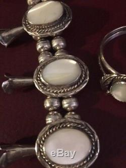 Vtg SS Navajo Mother of Pearl Squash Blossom Necklace + 2 Rings+Bracelet