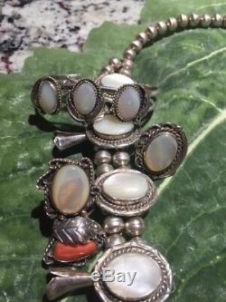 Vtg SS Navajo Mother of Pearl Squash Blossom Necklace + 2 Rings+Bracelet
