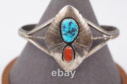 Vtg S. Dickens Native Navajo Turquoise Coral Sterling Silver Cuff Bracelet 6.5