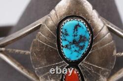 Vtg S. Dickens Native Navajo Turquoise Coral Sterling Silver Cuff Bracelet 6.5