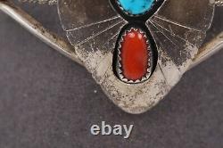 Vtg S. Dickens Native Navajo Turquoise Coral Sterling Silver Cuff Bracelet 6.5