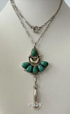 Vtg. Sign PA TA Native American Navajo turquoise ster. Silver 925 pendant Necklace