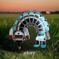 Vtg Signed Zuni turquoise Rainbow Man Dancer Brooch Native American Pendant J+M