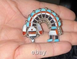 Vtg Signed Zuni turquoise Rainbow Man Dancer Brooch Native American Pendant J+M