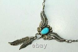 Vtg Sterling Marked C Yazzie Turquoise Navajo Leaf Feather Necklace Fnc