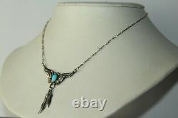 Vtg Sterling Marked C Yazzie Turquoise Navajo Leaf Feather Necklace Fnc
